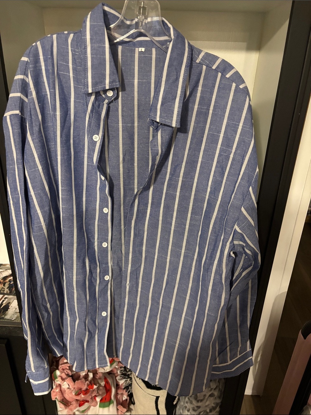 Blue and White Vertical Stripe Men's Button-Up Shirt